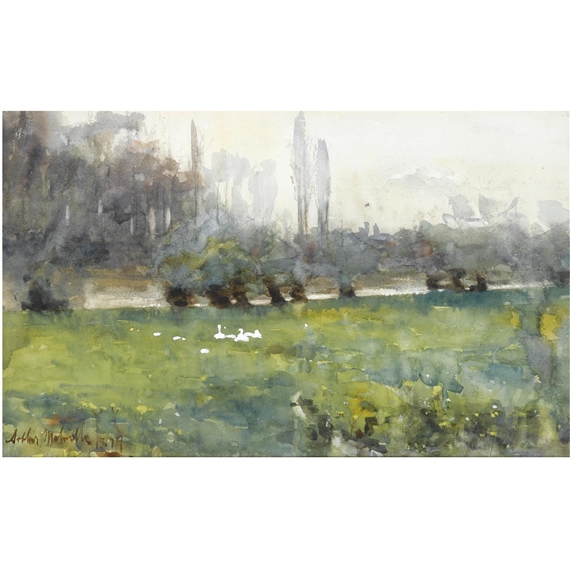 swans in a meadow by Arthur Melville