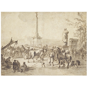 a horse market with arabian merchants in the campo vaccino, rome - Hendrick Verschuring