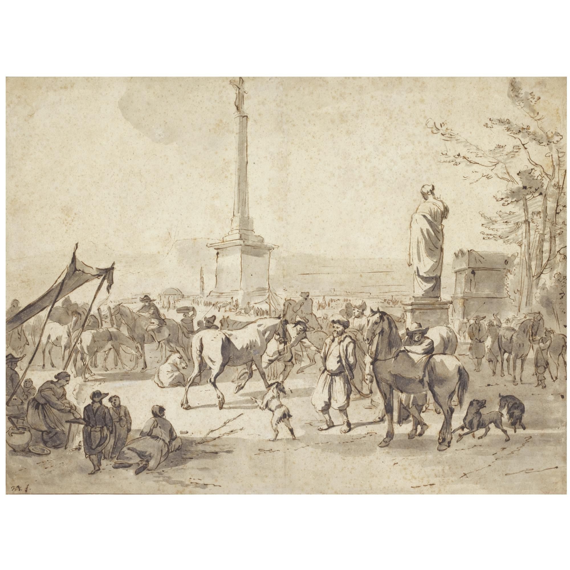 Artwork by Hendrick Verschuring, a horse market with arabian merchants in the campo vaccino, rome