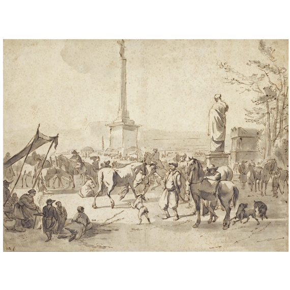 a horse market with arabian merchants in the campo vaccino, rome by Hendrick Verschuring