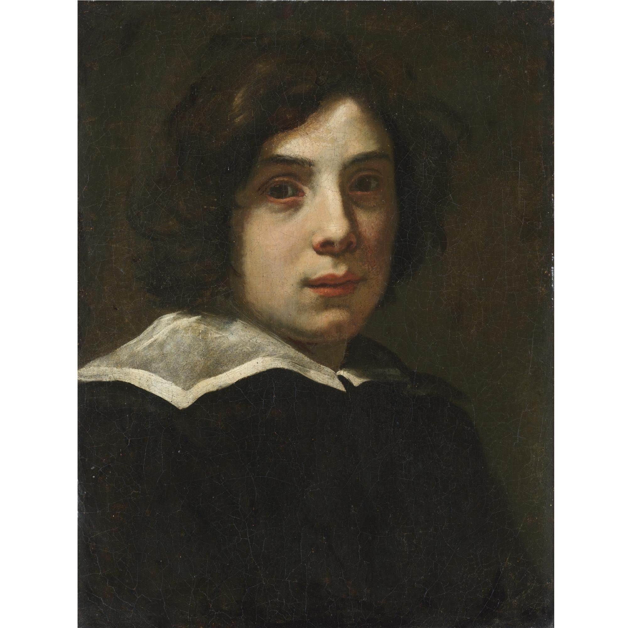 Artwork by Lorenzo Lippi, Portrait of a young man, head and shoulders, wearing black with a white collar, Made of oil on canvas