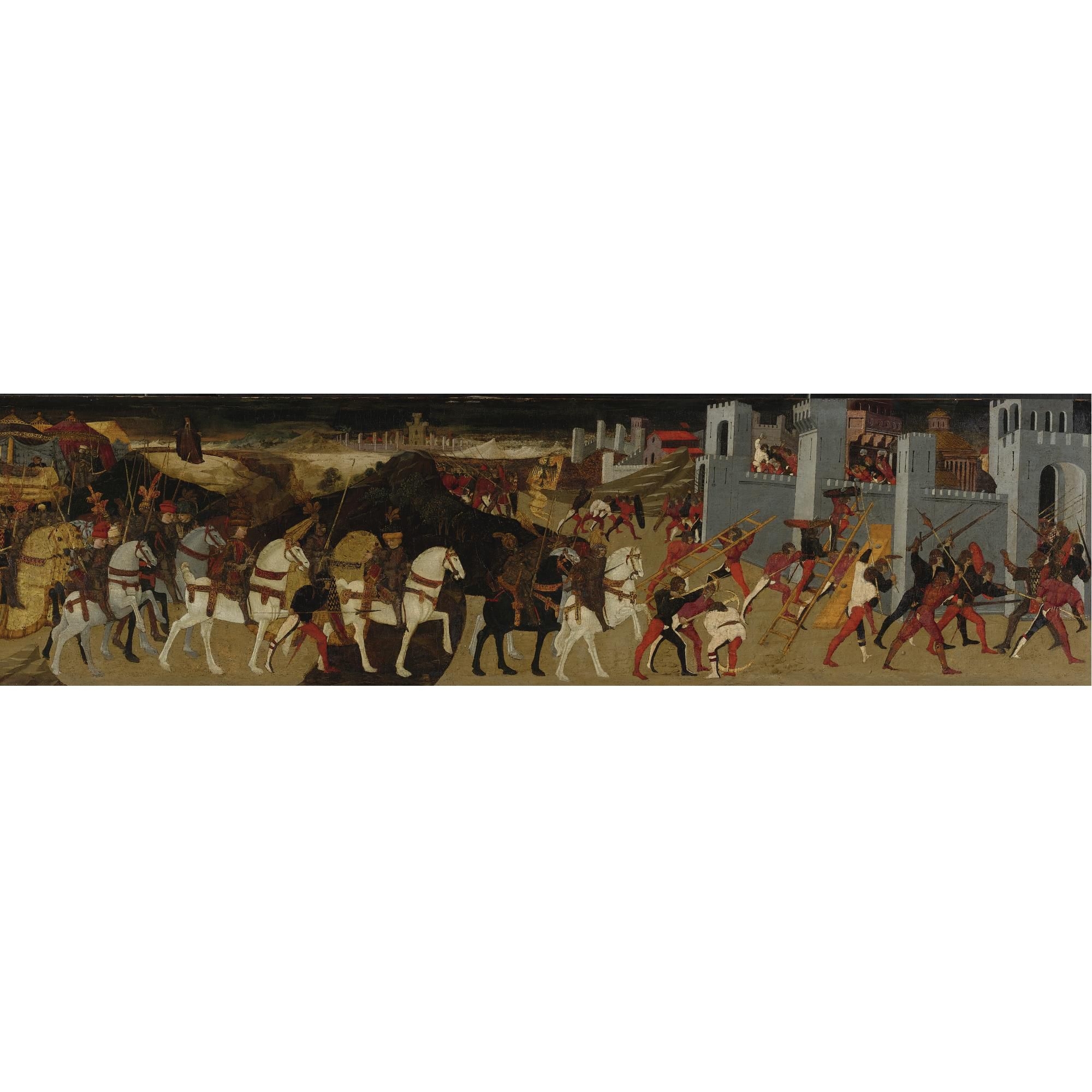 Artwork by Apollonio di Giovanni, A BATTLE BEFORE A WALLED CITY, PERHAPS THE SIEGE OF ASSISI, Made of tempera with gold and silver on panel, a cassone panel