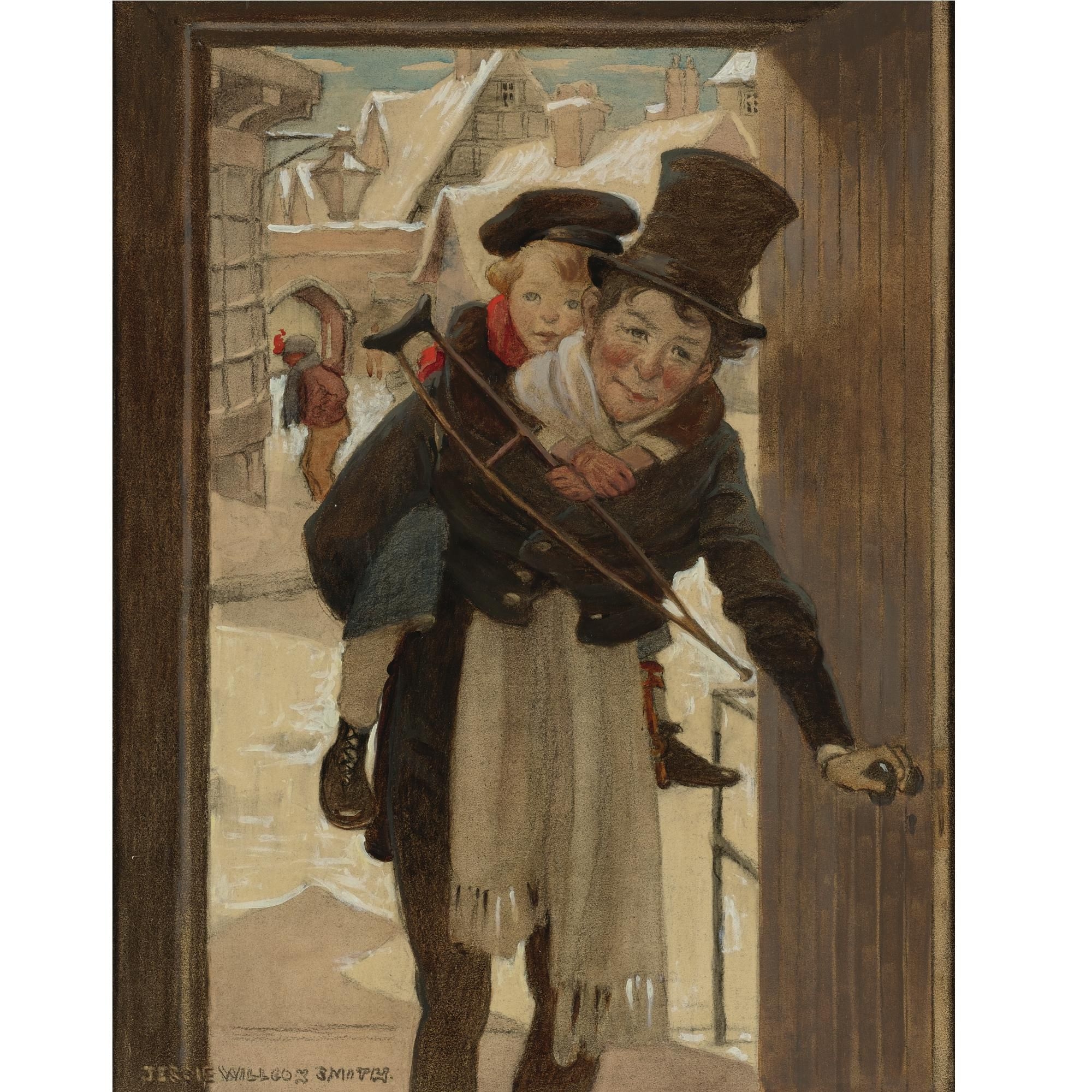 Artwork by Jessie Willcox Smith, Study for Tiny Tim and Bob Cratchit on Christmas Day, Made of mixed media on board