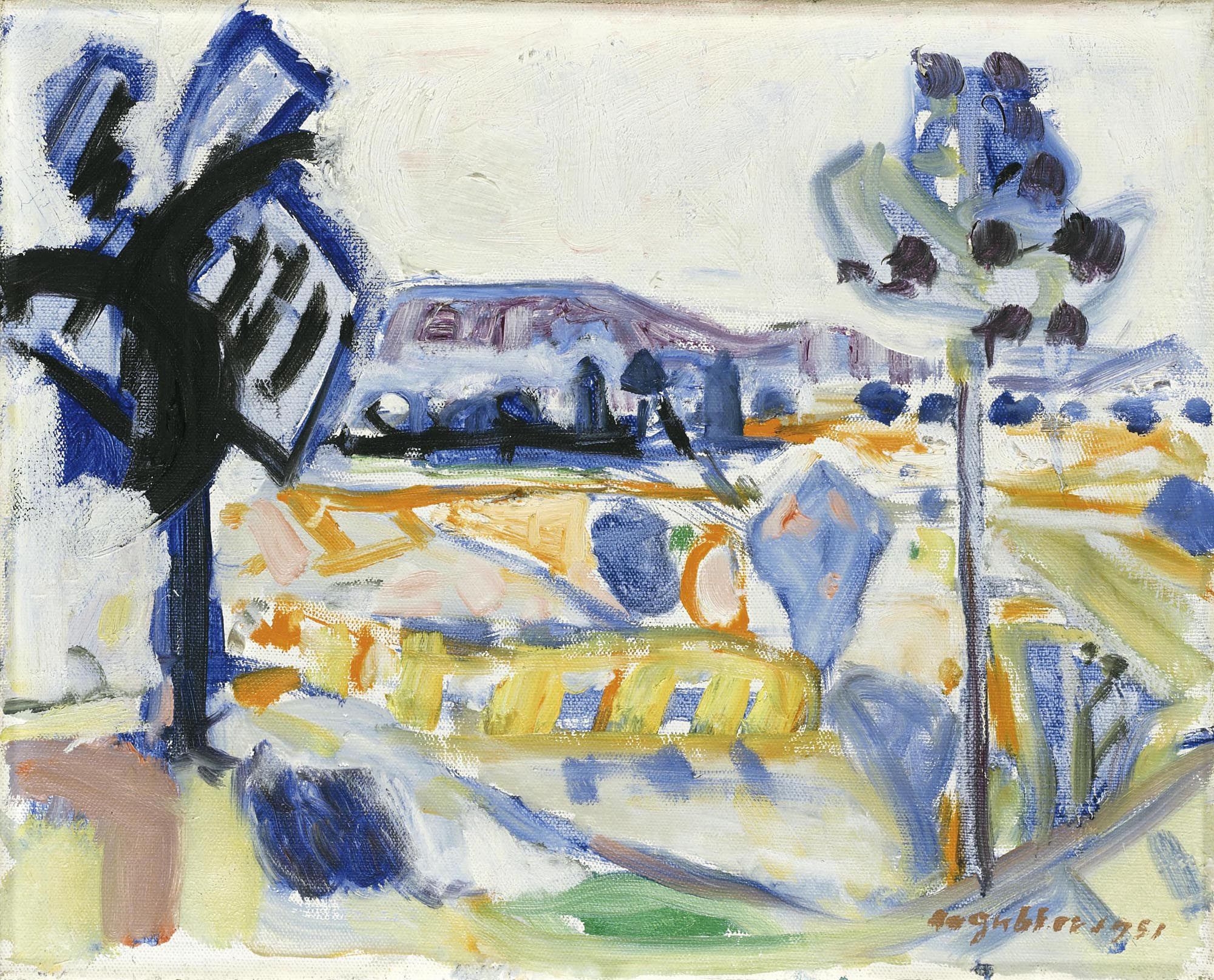 Artwork by Max Gubler, LANDSCHAFT MIT BLÜHENDEN BÄUMEN, 1951 LANDSCAPE WITH BLOOMING TREES, 1951, Made of Öl auf Leinwand