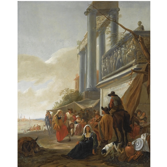 An Italianate street scene with peasants dancing near a classical ruin by Hendrick Verschuring
