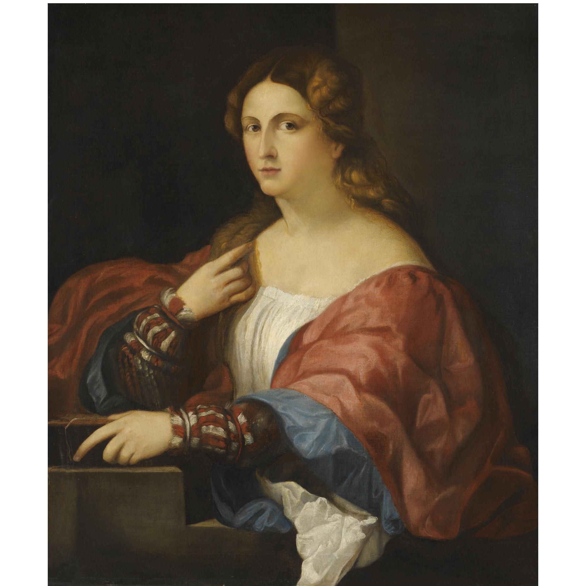 portrait of a young lady, half length, wearing a red and blue tunic, holding a book by Jacopo Palma il Vecchio