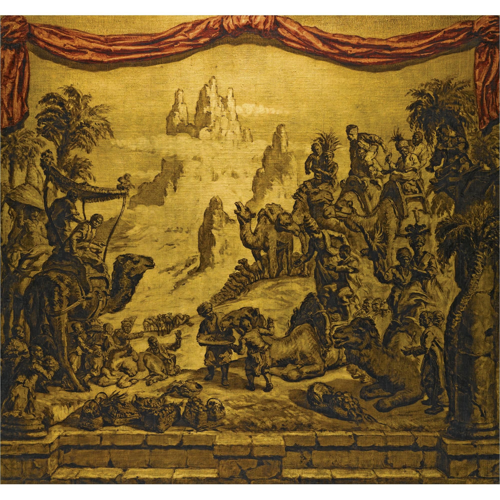 Artwork by José Mariá Sert y Badiá, Caravana Descansando (The Resting Caravan), Made of oil and goldpaint on canvas laid onto panel