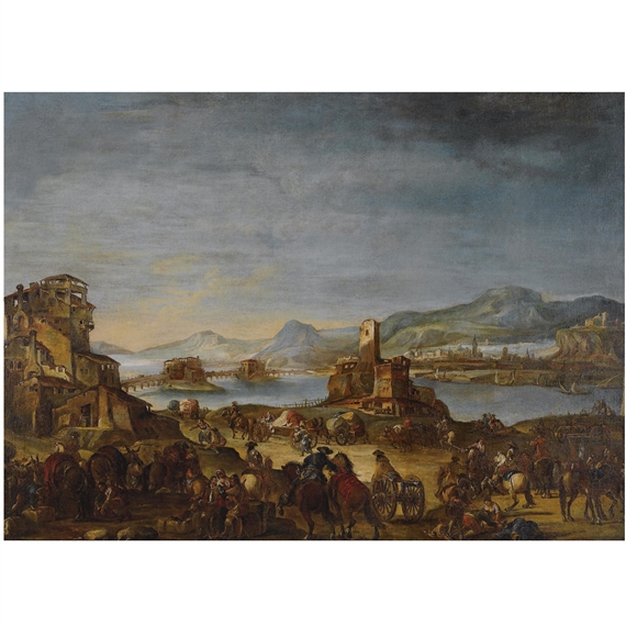 A river landscape with figures preparing for battle by Francesco Simonini
