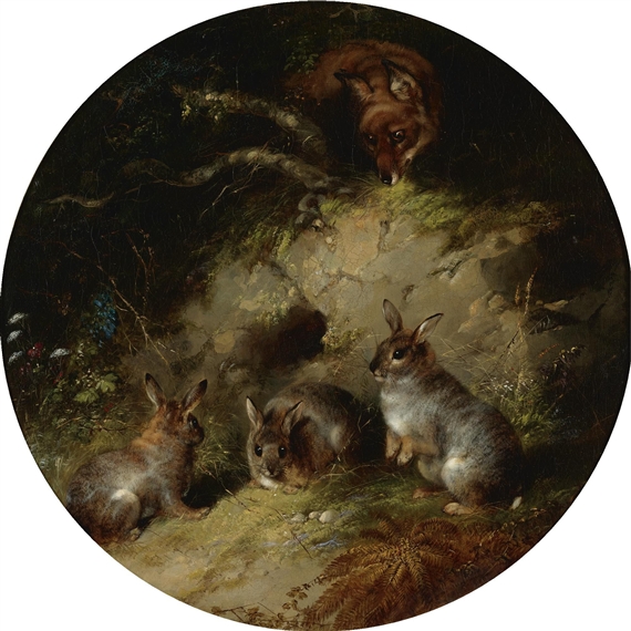 George Armfield | A Fox Stalking three Rabbits | MutualArt