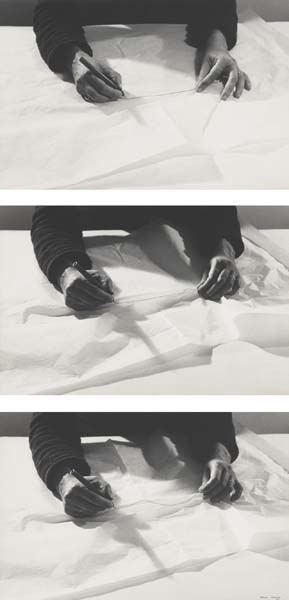 Artwork by Helena Almeida, Work- 25, Made of Gelatin silver triptych with thread.