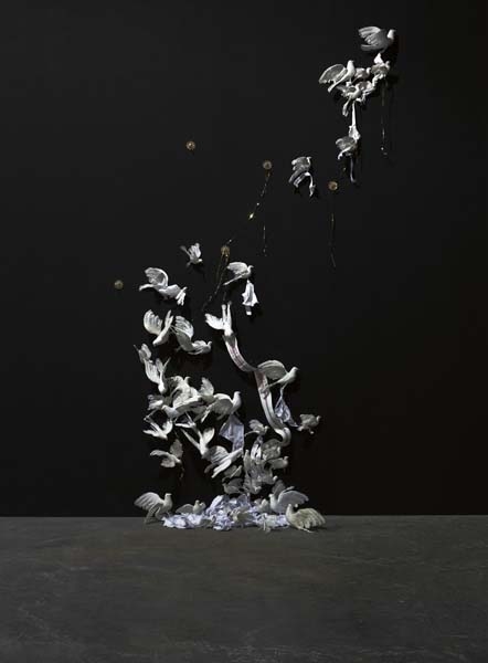 Artwork by Christian Holstad, Gone but not Forgotten, Made of Synthetic birds with feathers, cotton briefs, elastic, metallic plastic wall hooks, acrylic, glitter and metal hardware. 