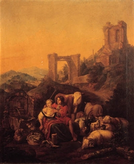 A shepherd couple embracing by a fountain, classical ruins on a hilltop beyond, in an Italianate landscape - Johan Heinrich Roos