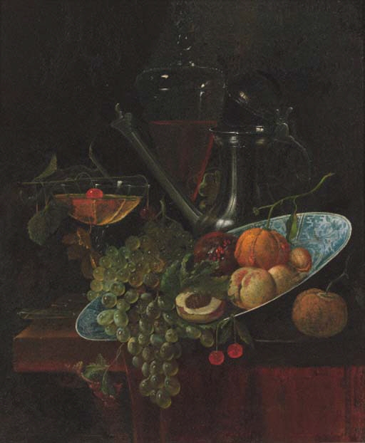 Fruit in a Kraak dish with a pewter ewer and two glasses on a partially draped table by Willem Kalf