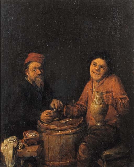Artwork by Abraham Diepraam, Boors drinking and smoking at a barrel, Made of oil on panel