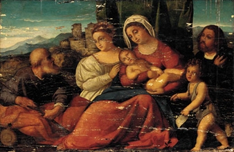 The Holy Family with the Infant Saint John the Baptist, a female Saint and a male donor in a landscape - Jacopo Palma il Vecchio