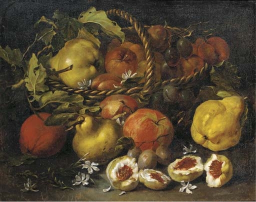 A pear, apples and plums in a woven basket, with figs, jasmine, pears and plums below by Luca Forte
