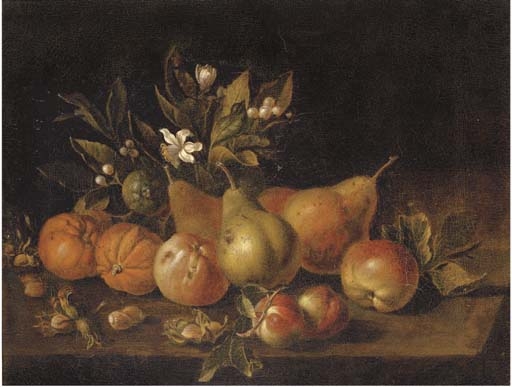 Pears, apples, oranges and nuts on a ledge by Luca Forte