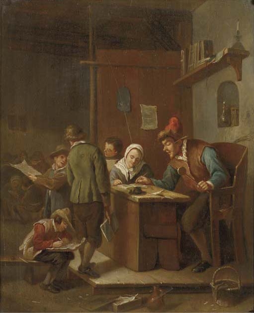 A classroom interior with a school master correcting pupils' papers by Jan Steen