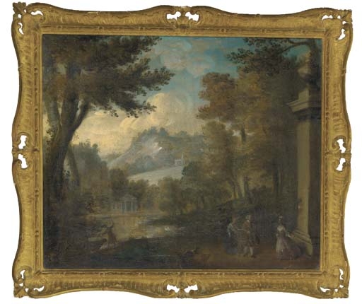 A wooded landscape with elegant company by a lake by Jean-Antoine Watteau