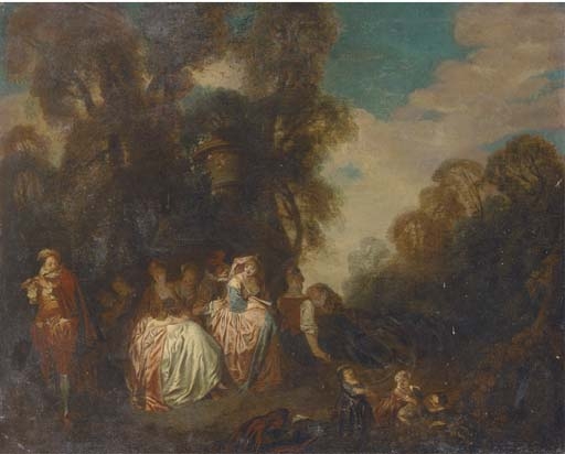 A fête champêtre with elegant company listening to music by Jean-Antoine Watteau
