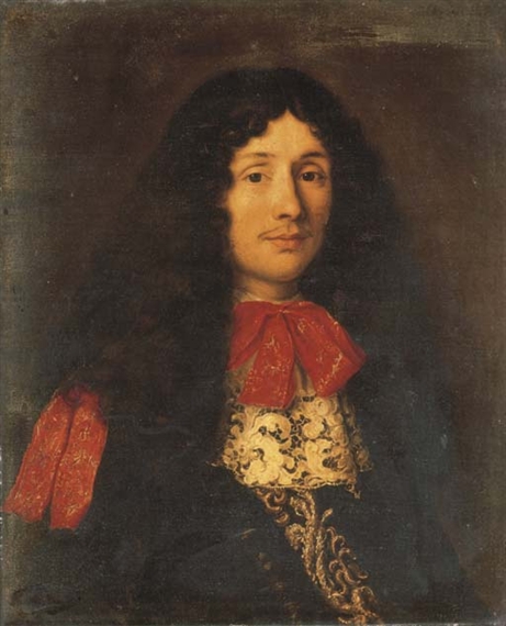 Portrait of a gentleman, bust-length, in a black and gold embroidered coat with white lace collar and red ribbon by Jacob Ferdinand Voet