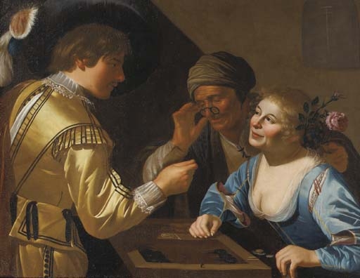 A young gallant and a courtesan playing tric-trac watched by a procuress by Jan van Bijlert