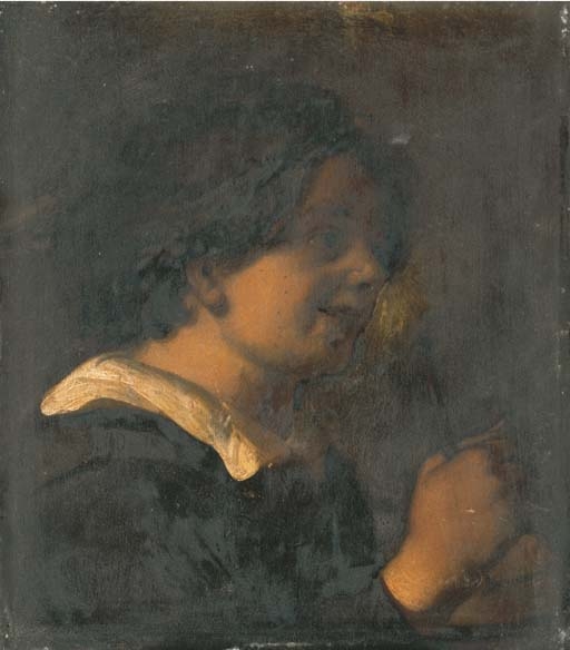A young boy, bust-length, playing a rommelpot by Jan Lievens