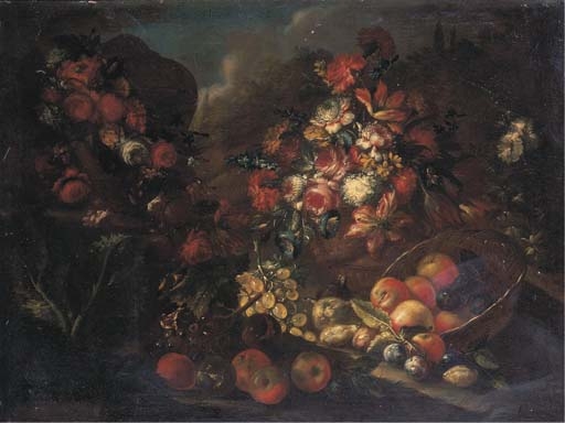 Tulips, carnations, roses and other flowers in a vase, with flower garlands draped around an urn on a stone pedestal, with fruits and flowers on a forest floor by Luca Forte