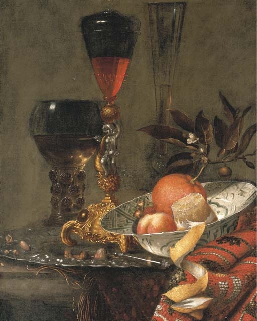 A wanli kraak porselein bowl, a peeled lemon, an orange with blossom, a peach, wild strawberries, two façon-de-Venises, and a roemer of white wine standing on an auricular chased silver platter, all on a partially draped stone ledge by Willem Kalf