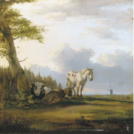 A horse, a donkey and a cow resting near a tree by Paulus Potter, 1645