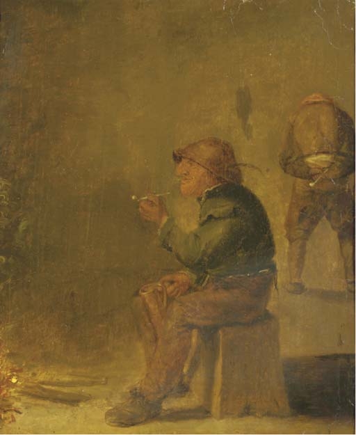 A peasant smoking a pipe and drinking beer near an open fire by Adriaen Brouwer