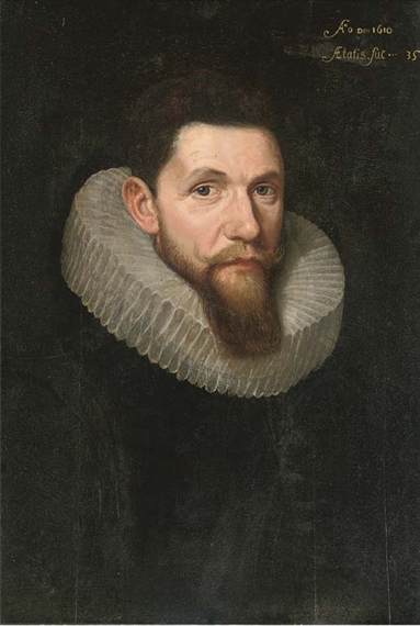 Portrait of a gentleman, half-length, in a black doublet with a lace ruff by Otto van Veen, 1610