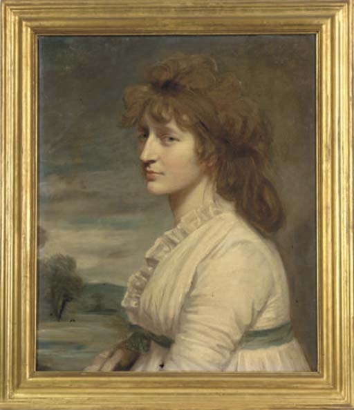 Portrait of a lady, quarter-length, in a white dress, an extensive landscape beyond by Thomas Gainsborough