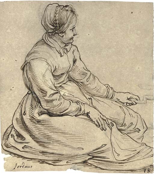 A seated girl wearing a cap, in profile to the right, turning a spit by Peter Paul Rubens