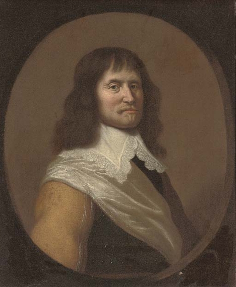 Portrait of a gentleman, bust-length, in a white sash and collar, in a feigned oval by Jan van Bijlert
