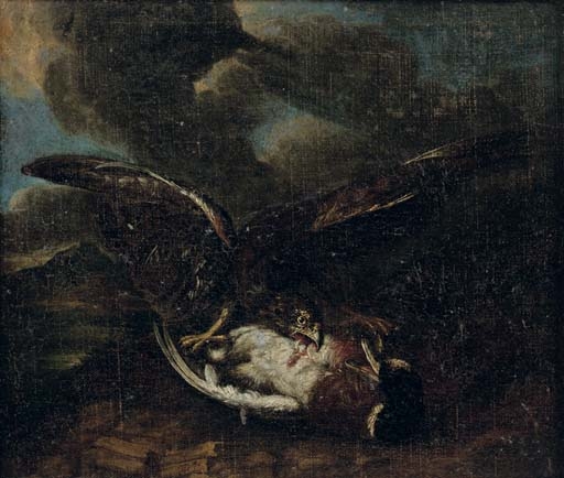 A bird of prey attacking a duck by Abraham Hondius