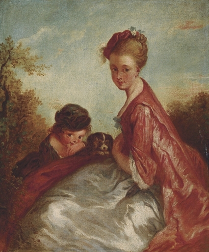 Artwork by Jean-Antoine Watteau, A mother and child with a dog, in a landscape, Made of oil on canvas
