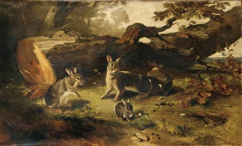 A FAMILY OF RABBITS IN THE FOREST by Philippe Rousseau