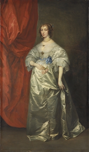 Artwork by Anthony van Dyck, Portrait of Mrs. Oliver St. John, later Lady Poulett, full-length, holding pink roses, in a grey silk dress, before a draped red curtain, Made of oil on canvas