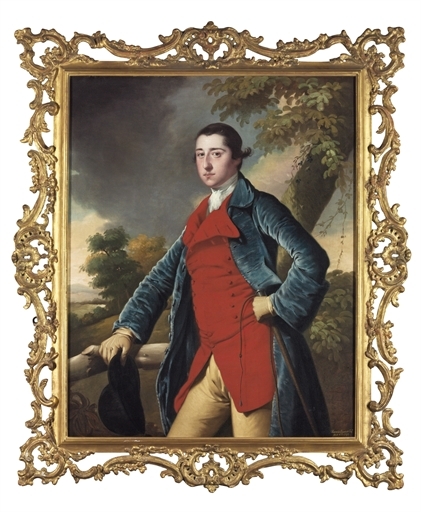 Portrait of Francis Burdett, three-quarter-length, in the blue velvet coat, red waistcoat and yellow breeches of the Markeaton Hunt, holding a hat and a whip, in a wooded landscape by Joseph Wright of Derby