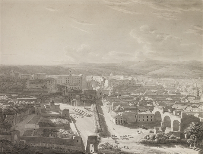Artwork by Pierre-François-Léonard Fontaine, View of the Roman Forum, Made of black chalk, pen and black ink, grey wash