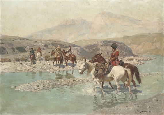 Cossacks crossing a river by Frants Alekseevich Rubo