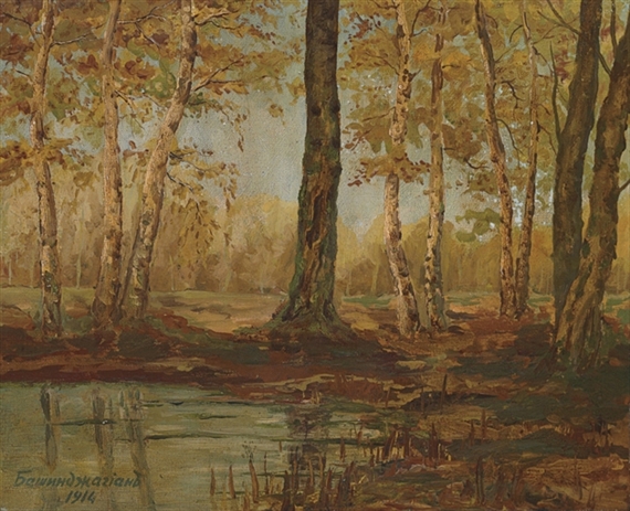 View through trees to a clearing beyond by Georgii Zakharovitch Bashindzhagian, 1914