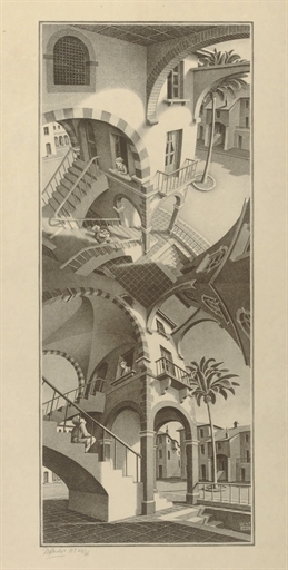 Artwork by Maurits Cornelis Escher, Boven en onder (Up and Down) (B. 352), Made of lithograph printed in brown on cream wove paper