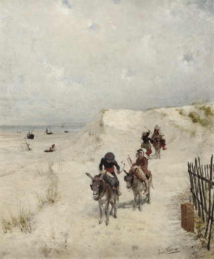 Artwork by Jan Verhas, Donkey riders in the dunes, Made of oil on canvas