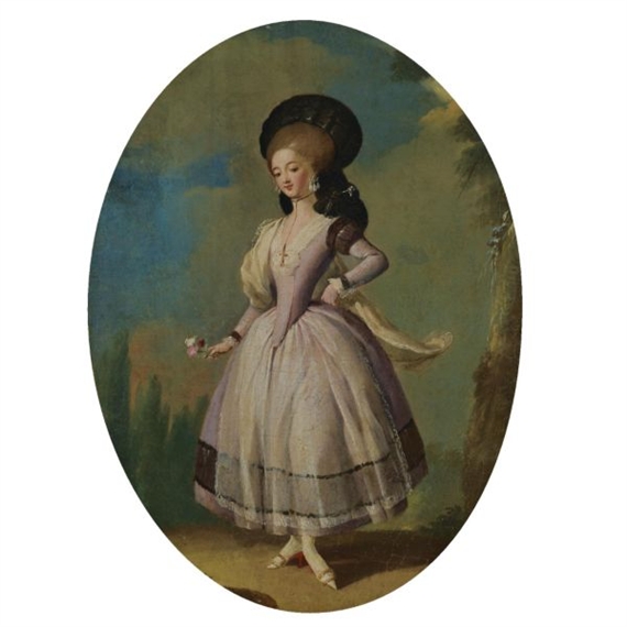 AN ELEGANT FEMALE DANCER, WEARING A YELLOW DRESS AND A BLUE VEIL, A SERVANT GIRL LOOKING ON; AN ELEGANT FEMALE DANCER, WEARING A PINK DRESS AND HOLDING A BUNCH OF FLOWERS by José Camarón y Boronat