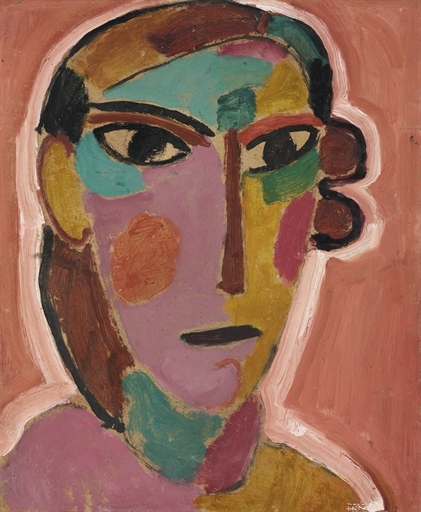 Artwork by Alexej von Jawlensky, Mystischer Kopf: Frauenkopf auf rotem Grund, Made of oil and pencil on board