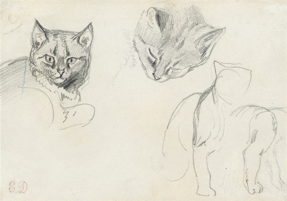 Two studies of a cat's head, with subsidiary sketches of a seated cat by Eugène Delacroix