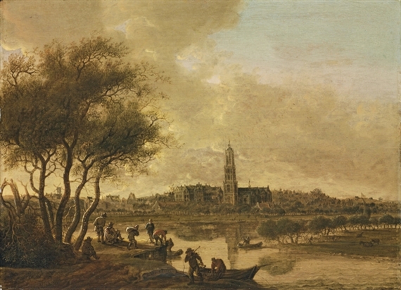 A panoramic view of the Rhine at Rhenen, from the south bank of the Nederijn, with the Church of Saint Cunera by Anthonie Jansz. van der Croos, 1662
