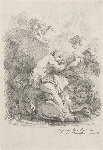Artwork by Jean-Honoré Fragonard, The Vision of Saint Jerome, after Johann Liss, Made of black chalk counterproof, reworked by the artist